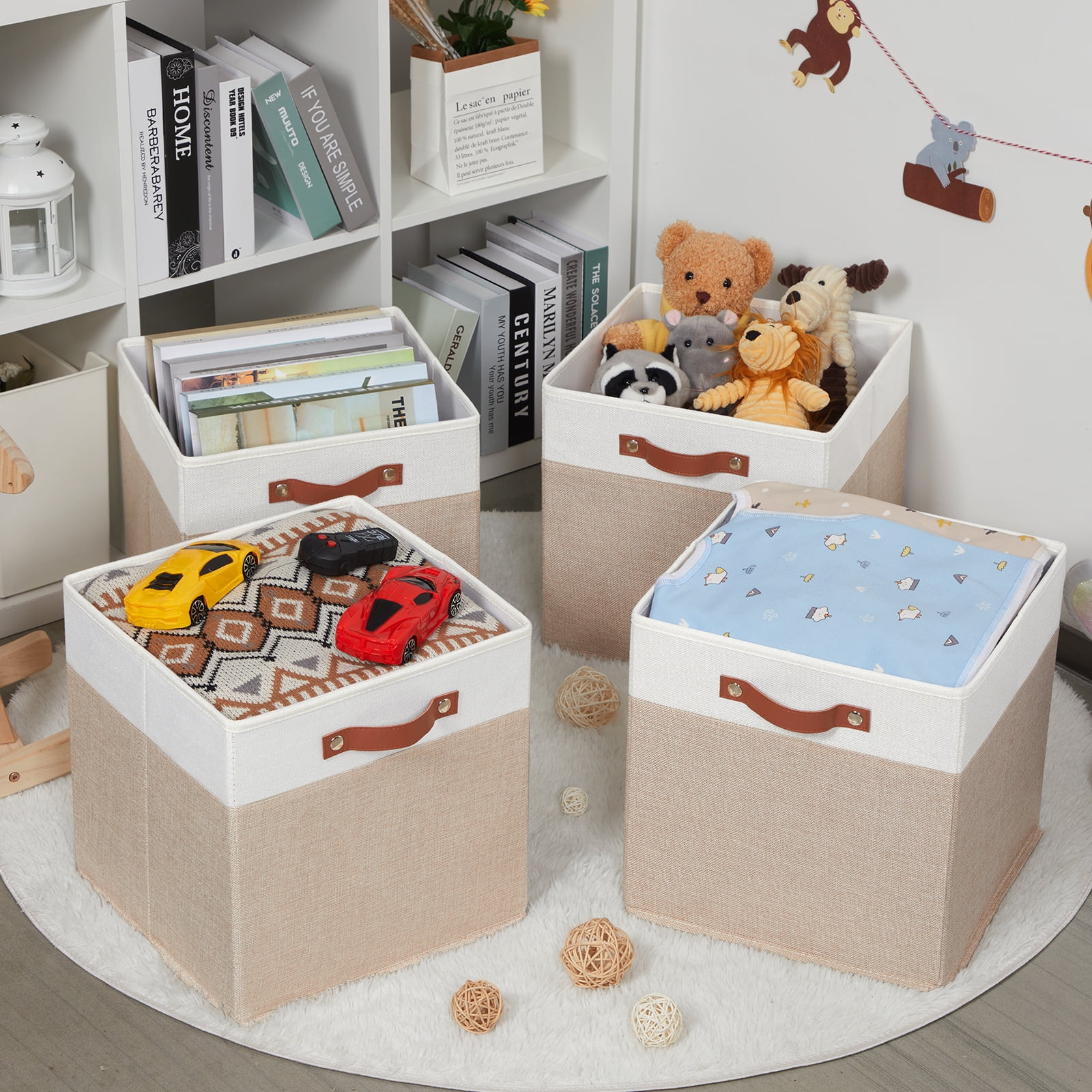 ANLEM Fabric Baskets for Organizing 13x13 Storage Cubes, 4PCS Fabric Foldable Canvas Storage Bins for Shelves, Cloth Storage Bins for Cube Organizers Toy(White Beige)
