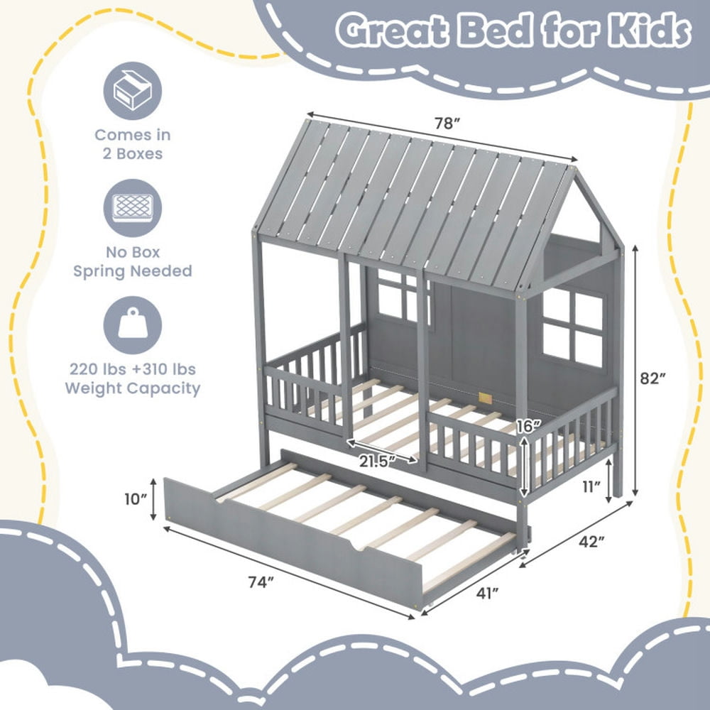 GVN Twin Size Bed Frame House Bed with Trundle and 82 Inch Tall Roof-Gray, Baby Bed for Sleeping and Sleepovers