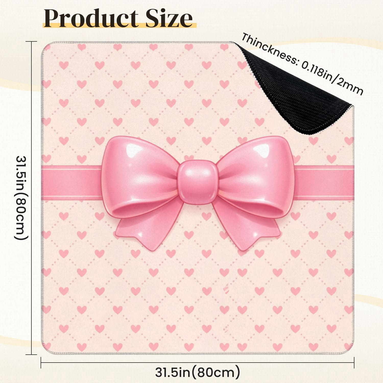 Mahjong Mat 31.5" x 31.5" Cute Pink Ribbon Bow Heart Non-Slip Noise Reduction Mahjong Tiles Table Cover for Dominoes Poker Card Board and Tile Games