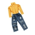 thumbnail image 2 of FOCUSNORM Kids Tracksuit Girls Solid Color Mock-Neck Knit Tops + Ripped Jeans, 2 of 6