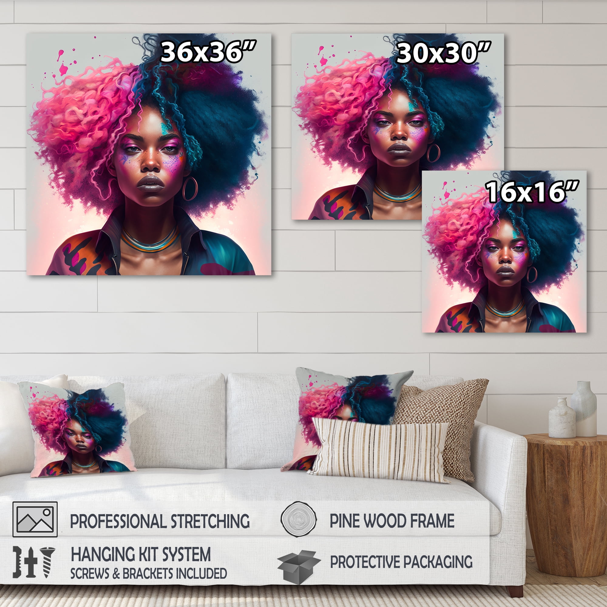 Designart Fashion Hip Hop Girl In Pink And Blue II Canvas Wall Art
