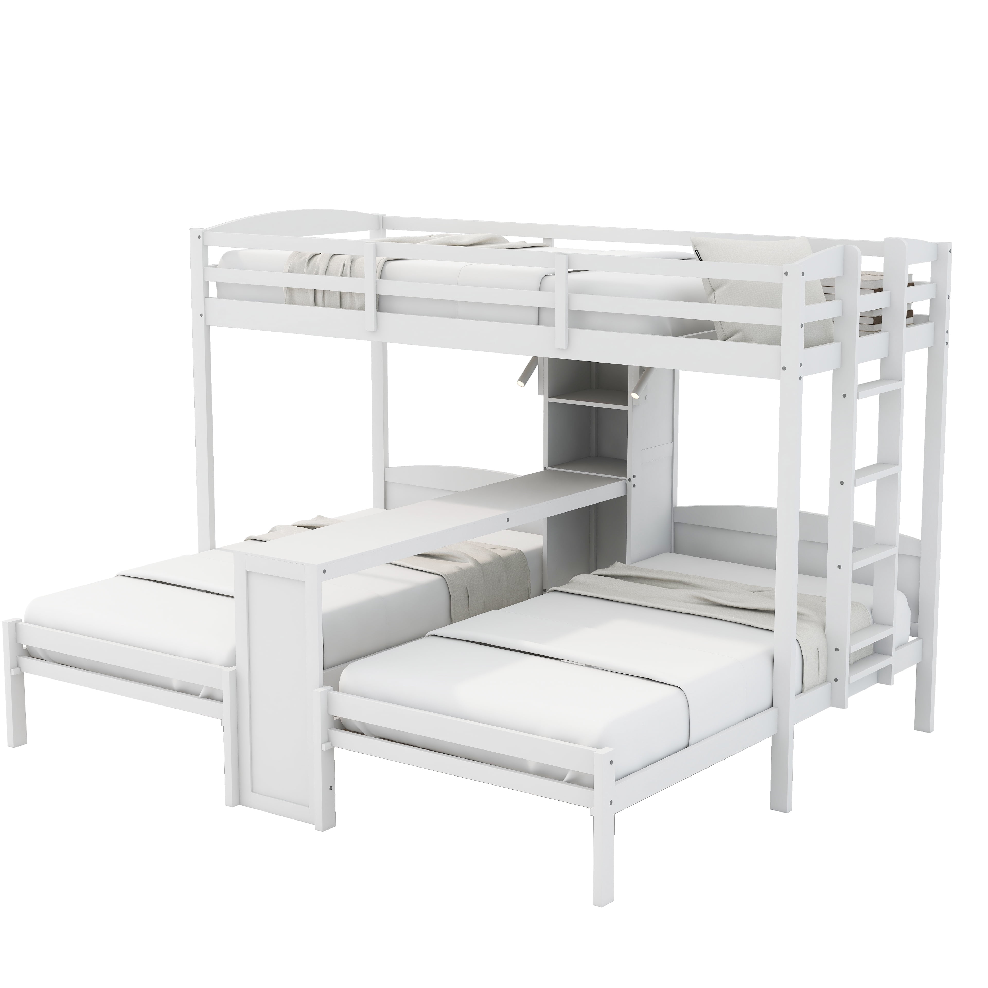 Euroco Wood Twin over Twin Bunk Bed with Desk, 3 Beds in 1 with Shelves and Reading Lamps, White