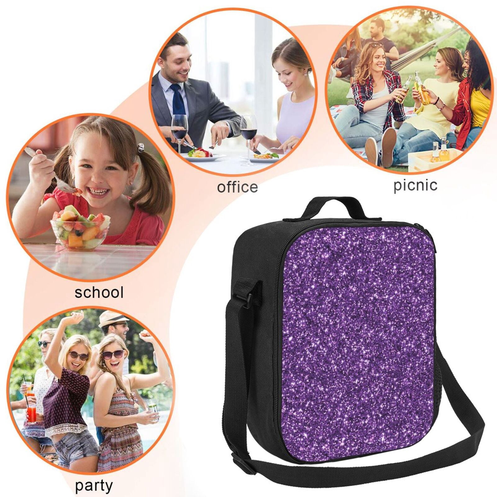 Ratiio Purple Glitter Print Lunch Box - Reusable Lunch Bag Men Adult Women- Insulated LunchBox