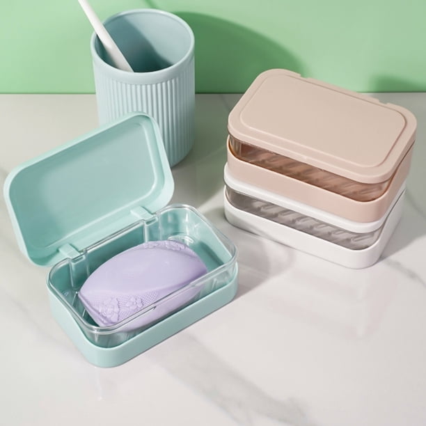 Recipiente de jabón de plástico con drenaje - Portajabones auto-drenantes para baño y cocina, 5.2x3.15x1.97 pulgadas, rosa/blanco/azul