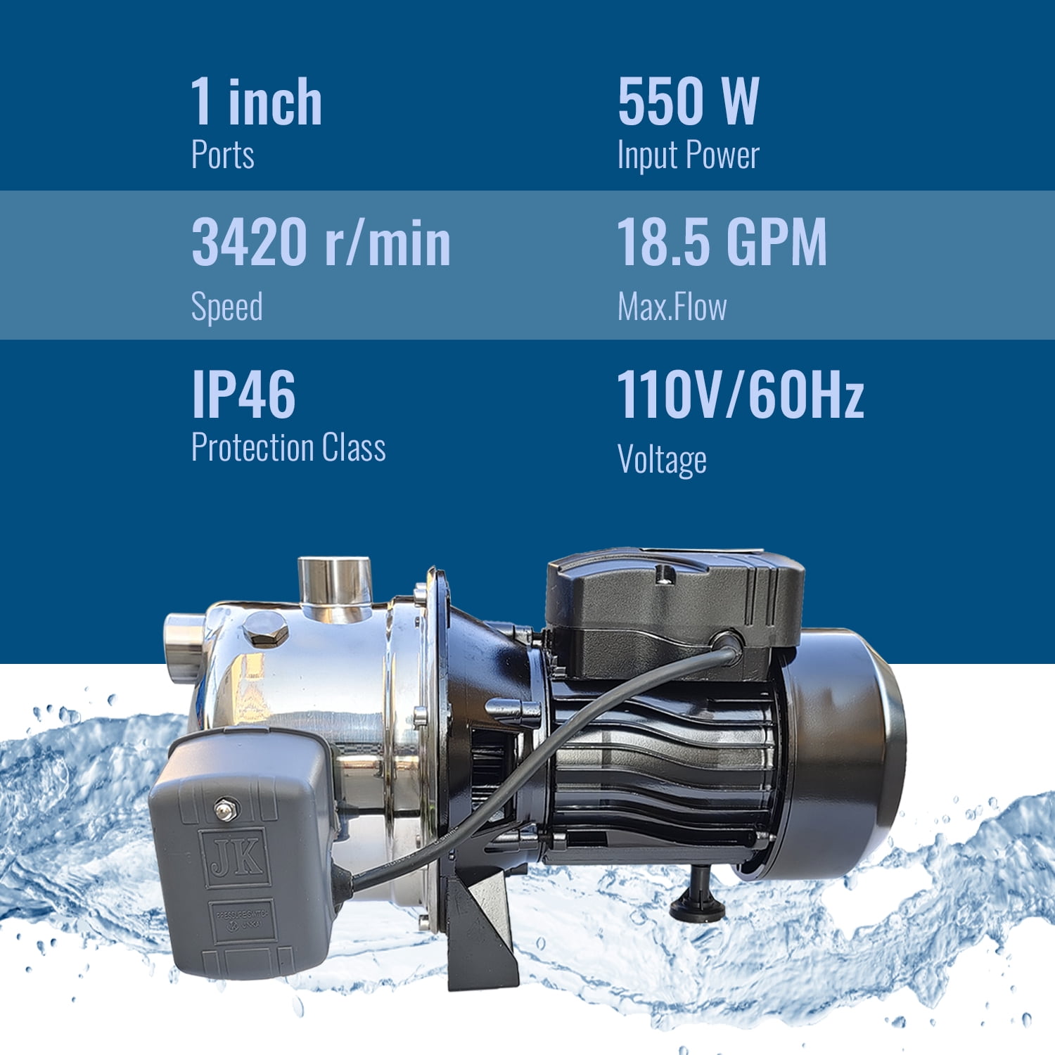 Dawot WAT-D0120C0005, 3/4HP, 110V, Deep Well Jet Water Transfer Pump, 18.5GPM