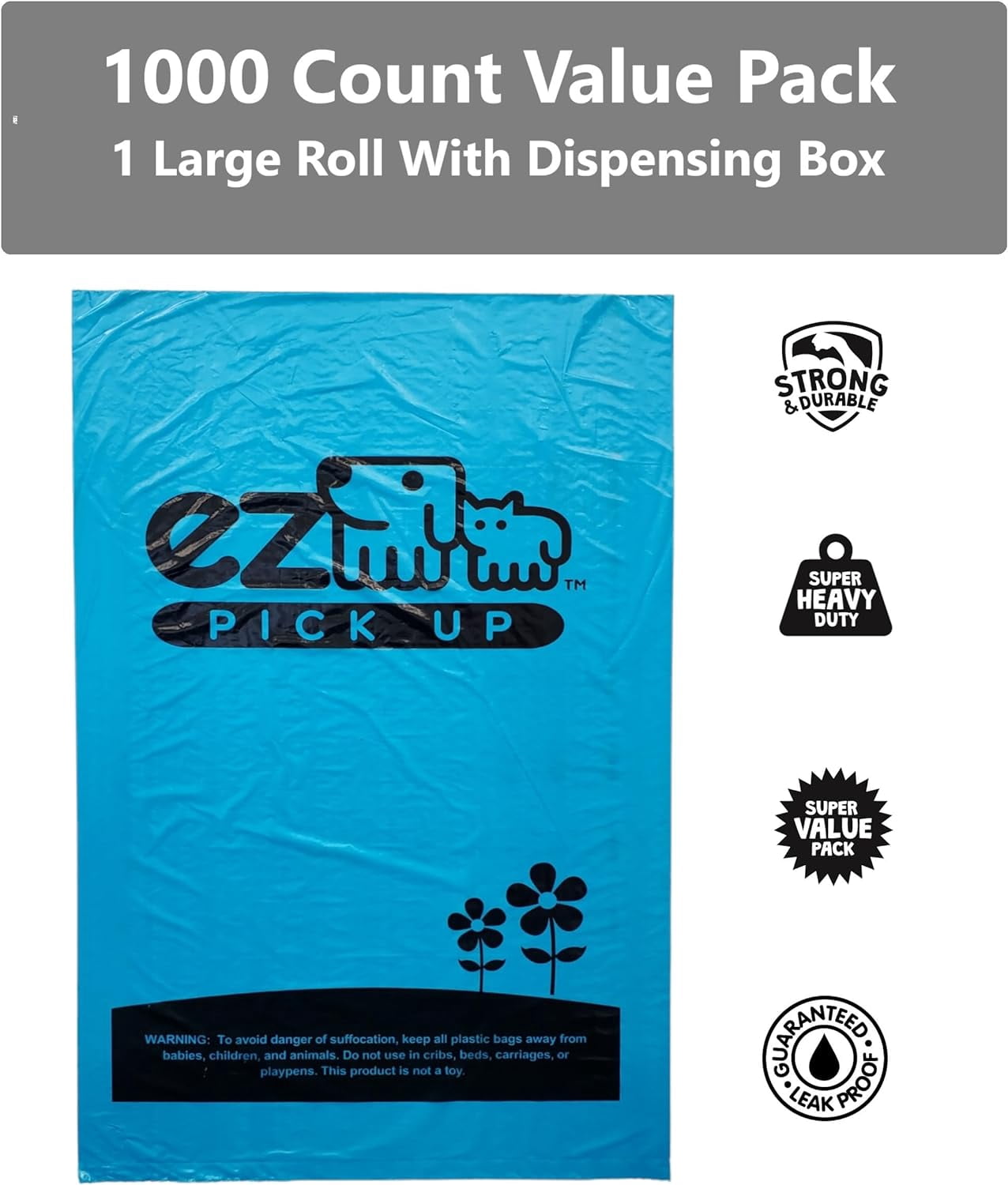 EZ Pickup 1000 Count Dog Waste Poop Bags, Unscented
