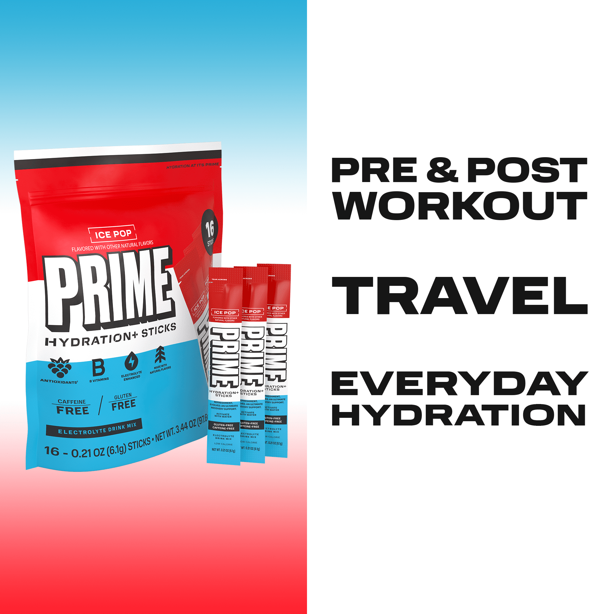 PRIME Hydration+ Ice Pop Electrolyte Powder Sticks, Sugar Free, 16 Count