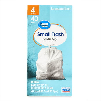 Great Value Small T Flap Tie Bags, 4 Gallon, 40 Count