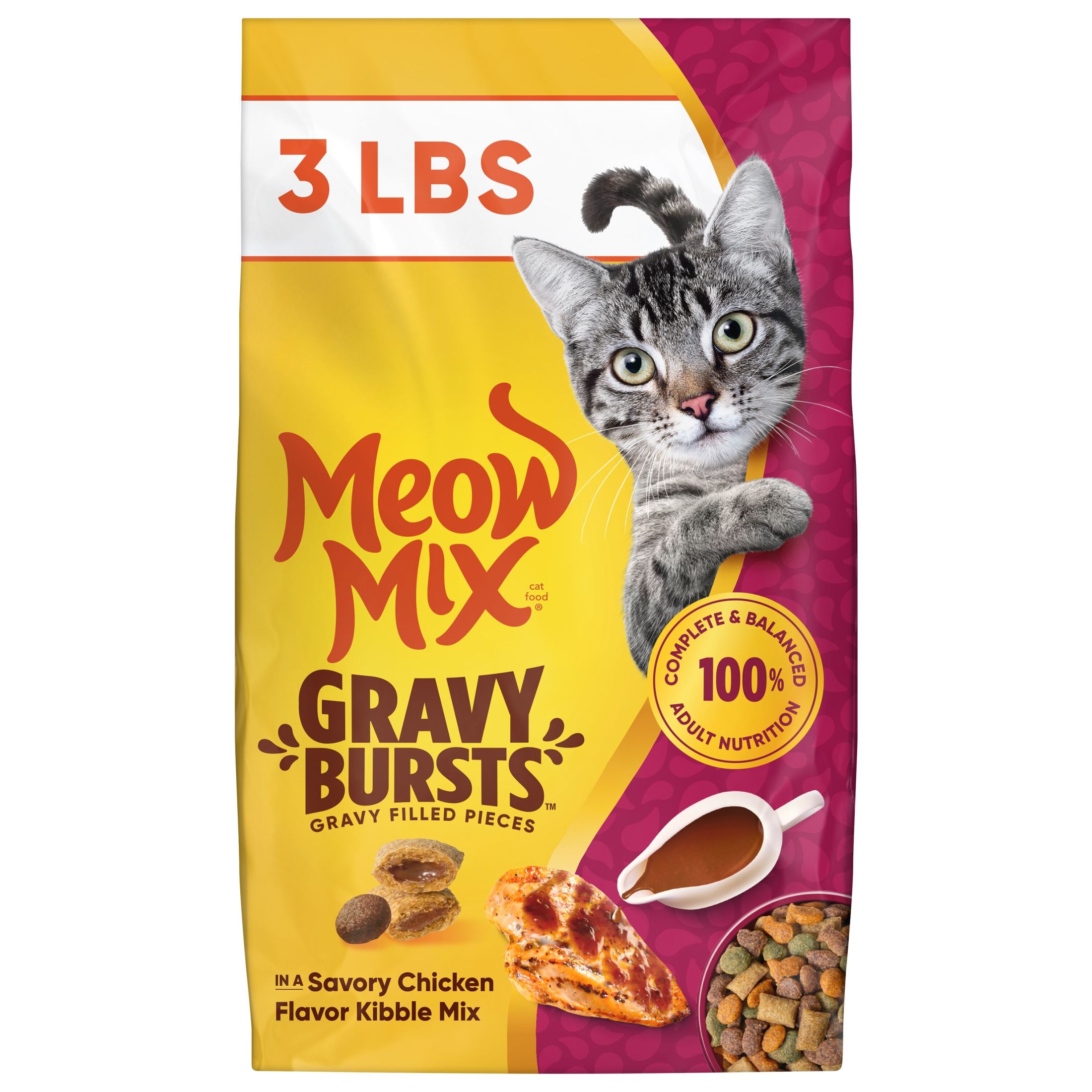 Meow Mix Gravy Bursts, Savory Chicken Flavor Mix, Gravy Filled Dry Cat Food, 3 lb. Bag