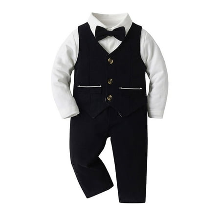 

Boys Long Sleeve Shirt Romper Bodysuit Pants Coat with Tie 4pcs Child Kids Gentleman Outfits Toddler Suspenders And Bow Tie Set Outfit Boys Outfits 6t 4 Month Old Boy Outfits Outfits for Toddlers Boys