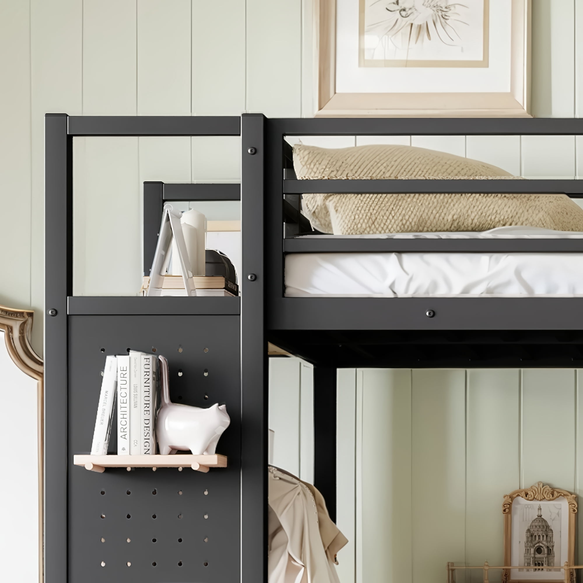Leumius Twin XL Size Loft Bed with Built-in Wardrobe,Heavy Duty Metal Loft Bed with Storage Shelves and Pegboard,Space-Saving,Black