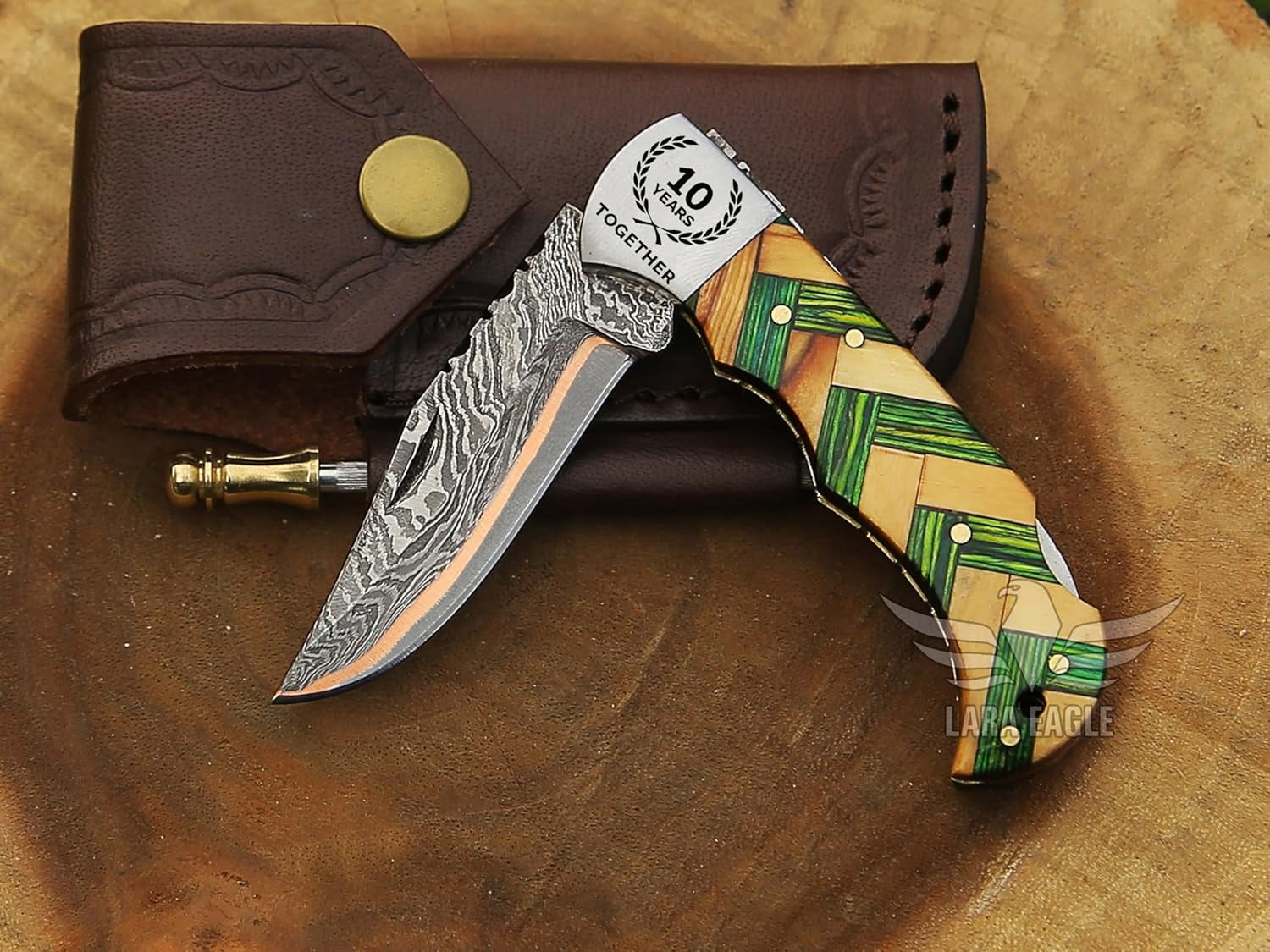 Copper Damascus Pocket Knife – Olive & Green Handle, Folding Tactical Hunting Knife with Sheath & Sharpener – Perfect for Outdoor Use