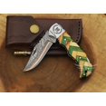 thumbnail image 5 of Copper Damascus Pocket Knife – Olive & Green Handle, Folding Tactical Hunting Knife with Sheath & Sharpener – Perfect for Outdoor Use, 5 of 6
