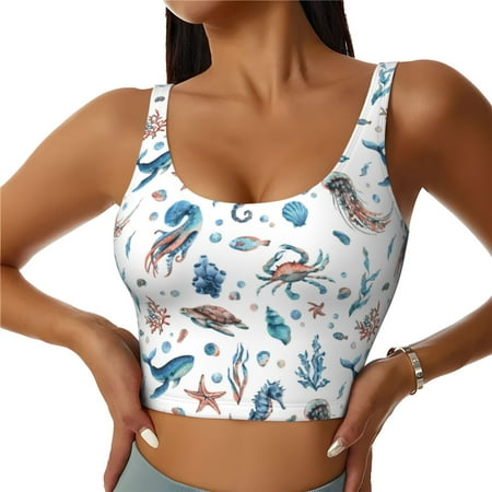 Jgfou Undersea Animals Print Womens Sports Bra - Padded Workout Sports Bras Crop Tank Top