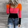 thumbnail image 2 of Women's Striped Henley Tops Long Sleeve Button Down Slim Fit T Shirts Scoop Neck Ribbed Knit Basic Casual Shirts Outfits (L, Orange), 2 of 6