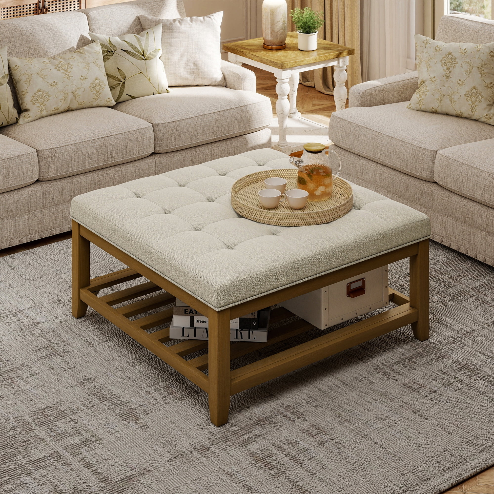 Square Upholstered Ottoman Coffee Table with Storage Shelf, Linen Fabric, Tufted Top, 31.9"x31.9", Ivory