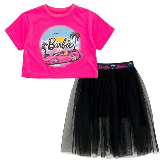 Barbie Boxy Drop Shoulder T-Shirt and Mesh Tulle Skort Toddler to Big Kid