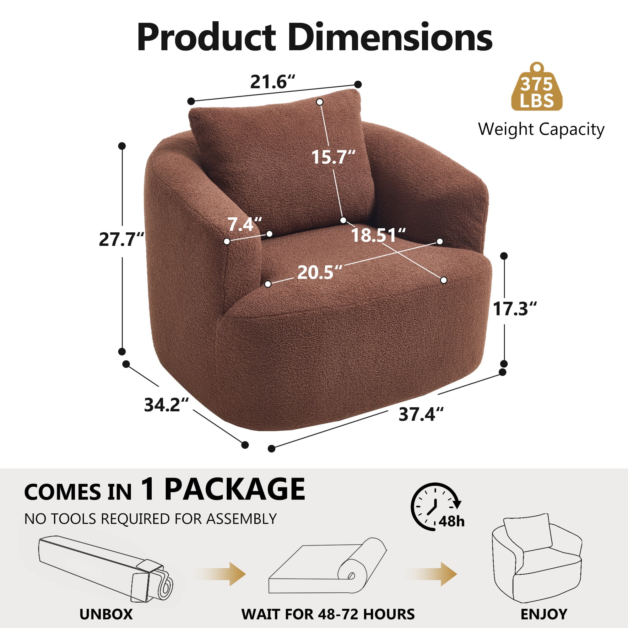 Swivel Accent Chair,360° Round Upholstered Armchair with One Soft Pillow,Teddy Fleece High-Resilience Sponge Single Sofa for Living Room, Bedroom, Apartment,No Assembly,Brown