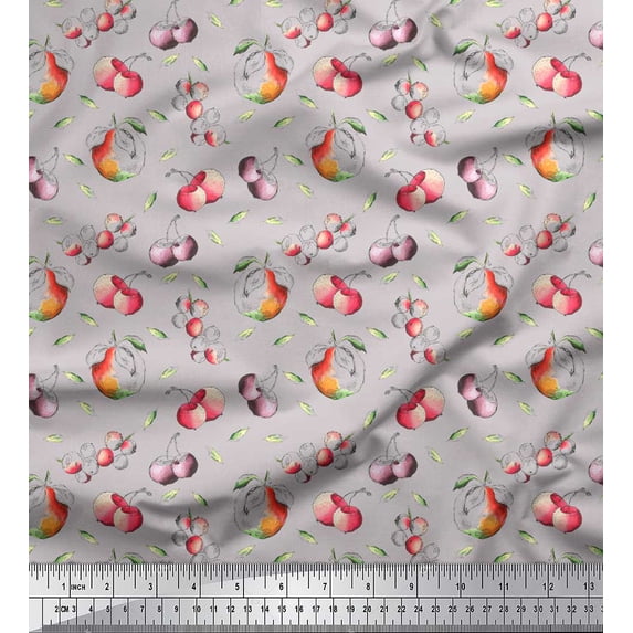 Soimoi Gray Poly Georgette Fabric Leaves & Berries Fruits Print Fabric by Yard 42 Inch Wide