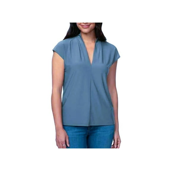 Buffalo Ladies' V-Neck Short Sleeve Blouse, Blue Small