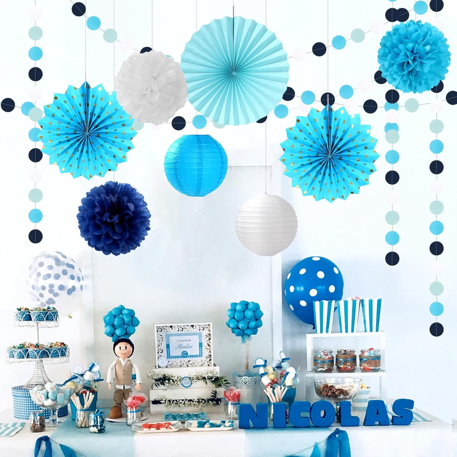 NestE Light Royal Navy-Blue White Party-Decorations - 33pcs Kits Banner, Streamers Tassel Garland,Tissue Pom Poms Honeycomb, Paper Lantern Fans,Birthday Bachelorette Bridal Wedding Baby Shower Decor