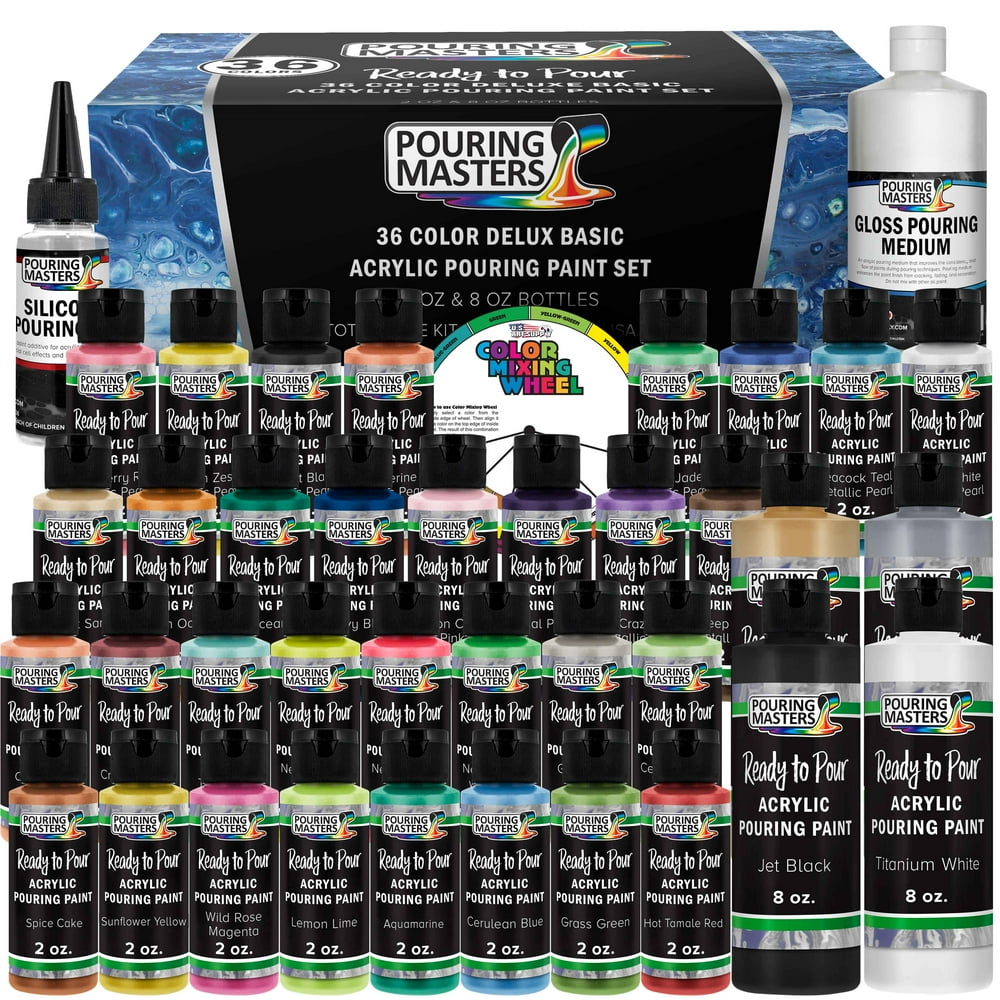 Pouring Masters 36Color Ready to Pour Acrylic Pouring Paint Set with Silicone Oil & Gloss