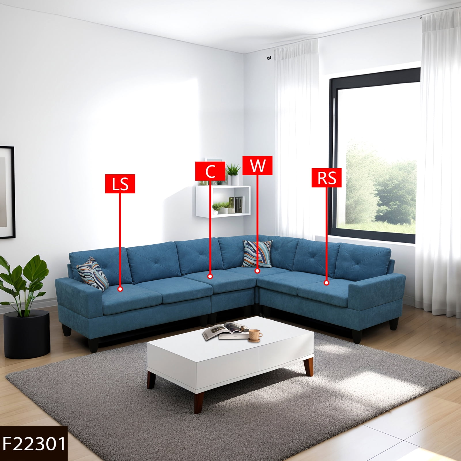 4-Piece Couch Living Room Sofa Set, 6 Seater Modular Sectional Couch L Shaped Corner Sofa, Lake Blue