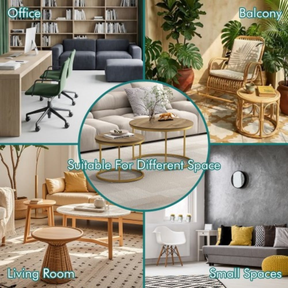 27.6" Nesting Coffee Table Set of 2, Round Wood Marble Pattern Top with Sturdy Metal Frame, Stackable End Tables for Living Room, Bedroom, Office, Brown & Gold