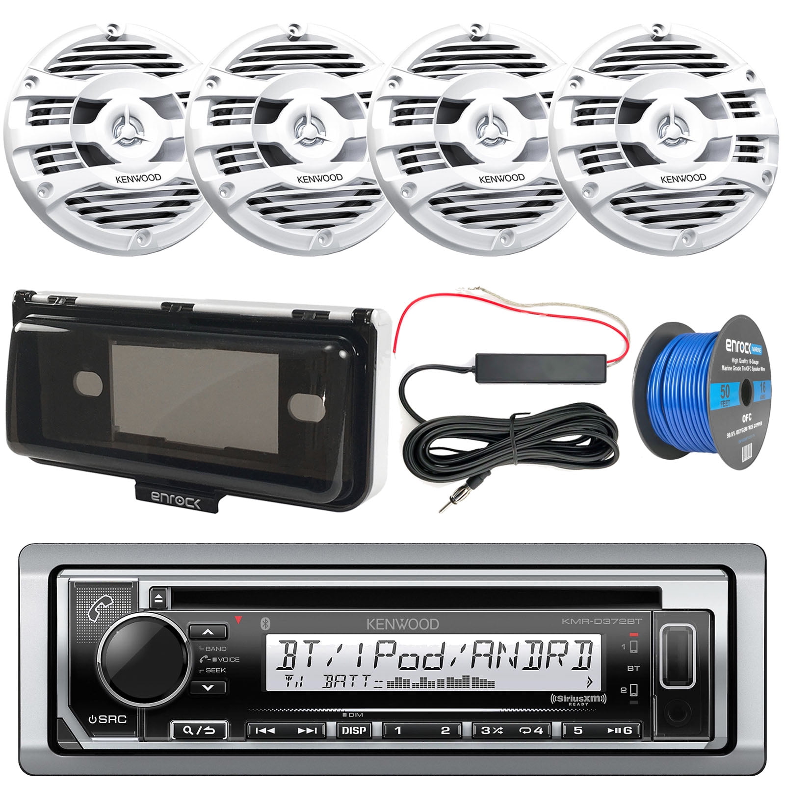 Bay Boat Audio Package: Kenwood KMRD372BT Marine CD Bluetooth Receiver, 4x Kenwood KFC1653MRW 6.5