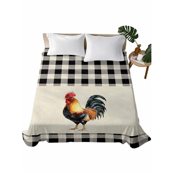 Black White Plaid Rooster Flat Sheets Only Cal King Size, Soft Breathable Bed Top Sheets for Mattress, Vintage Farmhouse Checkered Rustic Bedding Flat Sheets for Home Hotel Bedroom Bed Protection