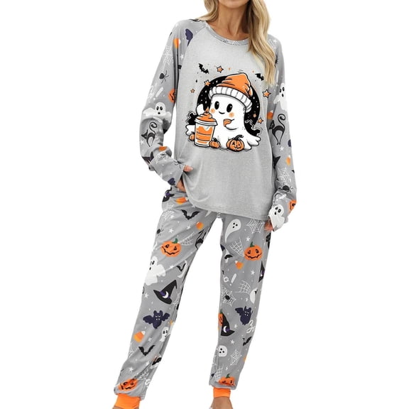 SJLDQY Halloween Pajamas Women 2 Piece Set Soft Pjs for Womens Long Sleeve Shirts and Pants Hallowmas Bat Pumpkin Graphic Sleepwear