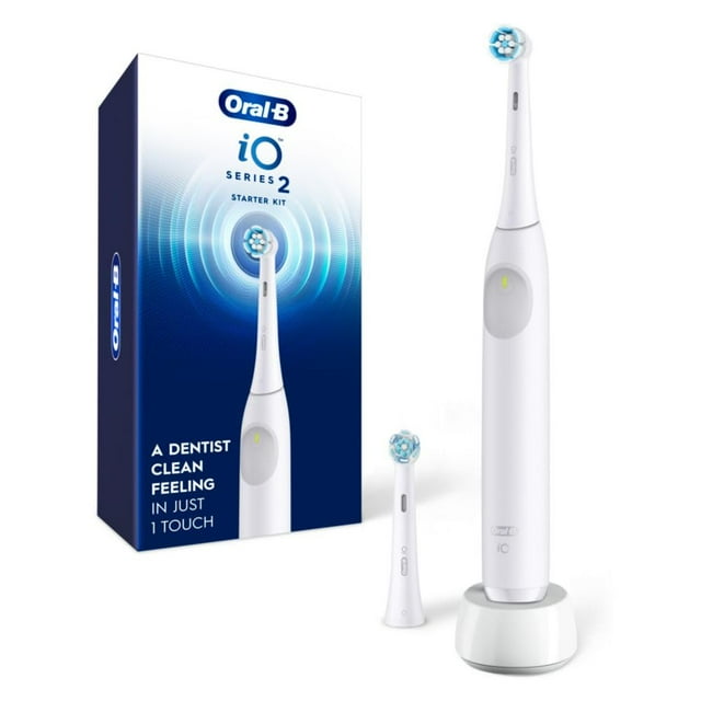 Oral-B iO Series 2 Kit básico de cepillo de dientes eléctrico recargable, blanco puro con 2 cabezales - Sensor de presión automático para proteger las encías - 3 modos - Temporizador de 2 minutos