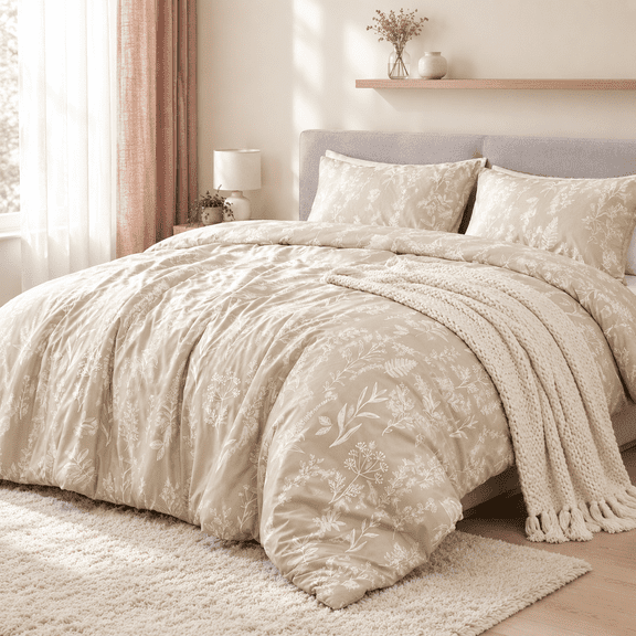 Duvet Cover/xl Size Set Reversible Flbeige With Zipper Closure 2 Pieces Botanical Patterns Softfiber Bedding 4 Ties (68"x90" 1ow