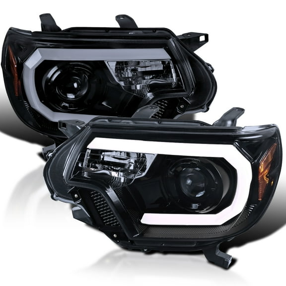 Spec-D Tuning Glossy Black Smoke LED Light Bar Projector Headlights Compatible with 2012-2015 Toyota Tacoma, Left   Right Pair Headlamps Assembly