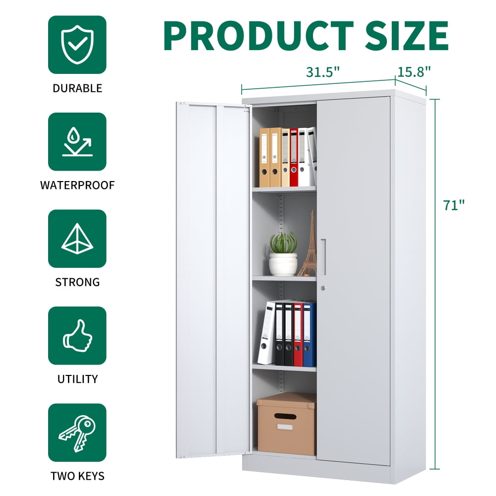 71"H Metal Garage Storage Cabinet, Tool Steel Locking Cabinet with Doors and 3 Adjustable Shelves,for Home Office,Classroom,Pantry,White