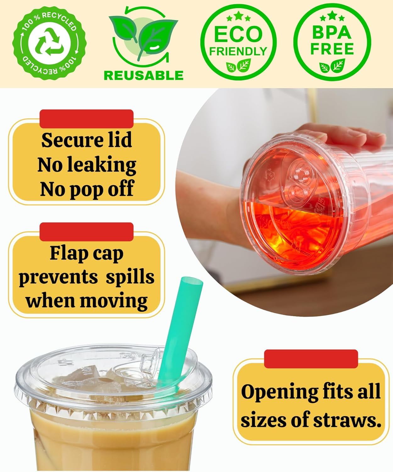 JJEAN-12 oz Clear Plastic Cups with Lids, 50 Sets Disposable Plastic Iced Coffee Cups with Strawless Sip-Lids, To Go Coffee Cup for Smoothie, Milkshake, Cold Drinks