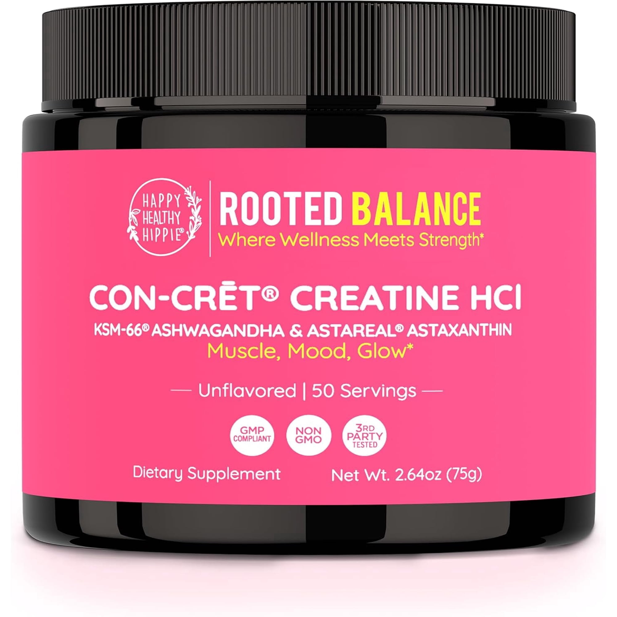 Happy Healthy Hippie Creatine HCl Powder with KSM-66 Ashwagandha | Vegan Creatine for Women | 38x Solubility vs Monohydrate | Hormone Balance | Minimal Bloat | Unflavored, 50 Servings