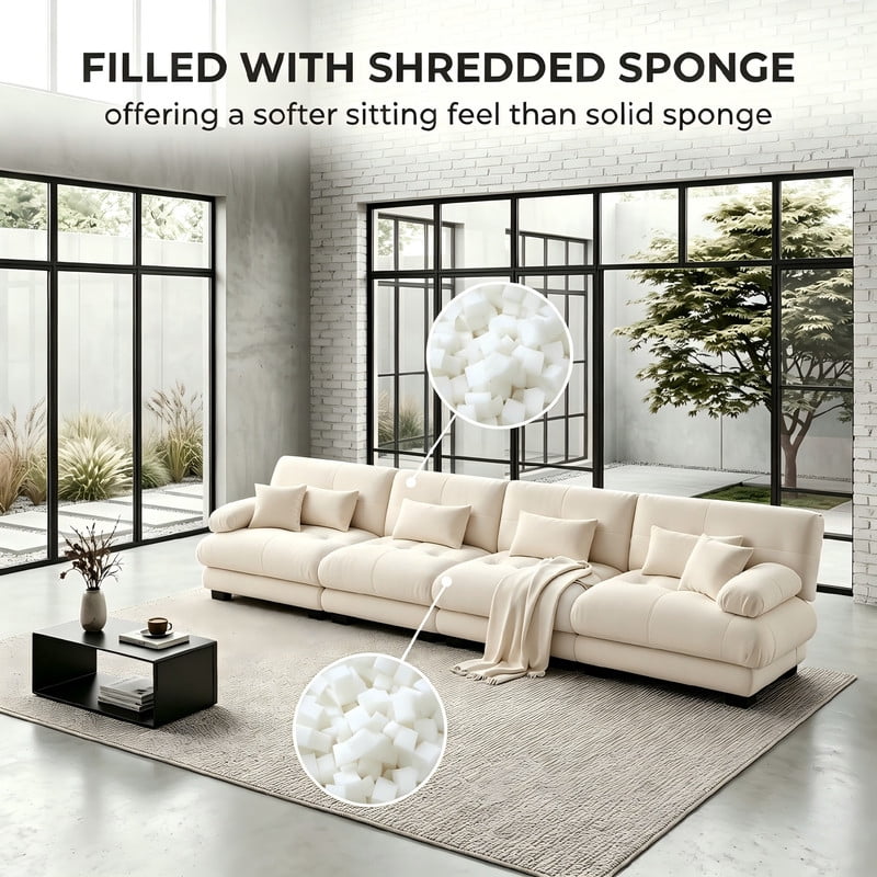 ANPPORT Cloud Couch Sleeper Sofa, Chenille Light Coffee 4-Seater Modular Sofa, 4 Lumbar pillows, 2 Pillows, Comfy Deep Seat Cloud Sofa, Convertible L-Shaped Floor Couch for Living Room