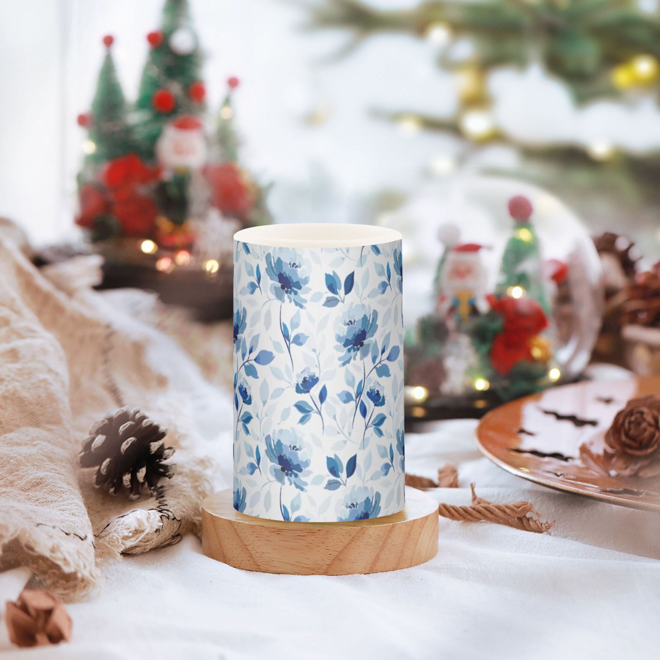 Blue Floral Flickering Flameless Candles Battery Operated with Remote Timer LED Pillar Candles Set of 2
