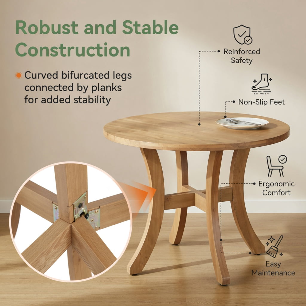 Hommoo Solid Wood Round Dining Table 47 Inch, Farmhouse Kitchen Table with Curved Splayed Legs for 4-6 People, Natural