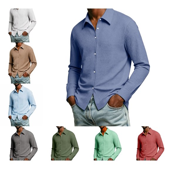 Zivyakyro Long Sleeve Mens Shirt Waffle Fall Button down Casual Loose Solid Shirts Collared Blue 3XL