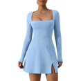 thumbnail image 1 of Womens Square Neck Bodice Dress Long Sleeve Side Slit Flare Mini Dresses, 1 of 6