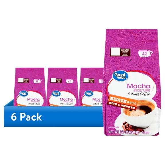 (6 pack) Great Value Mocha Medium Roast Ground Coffee, 12 oz, Bag