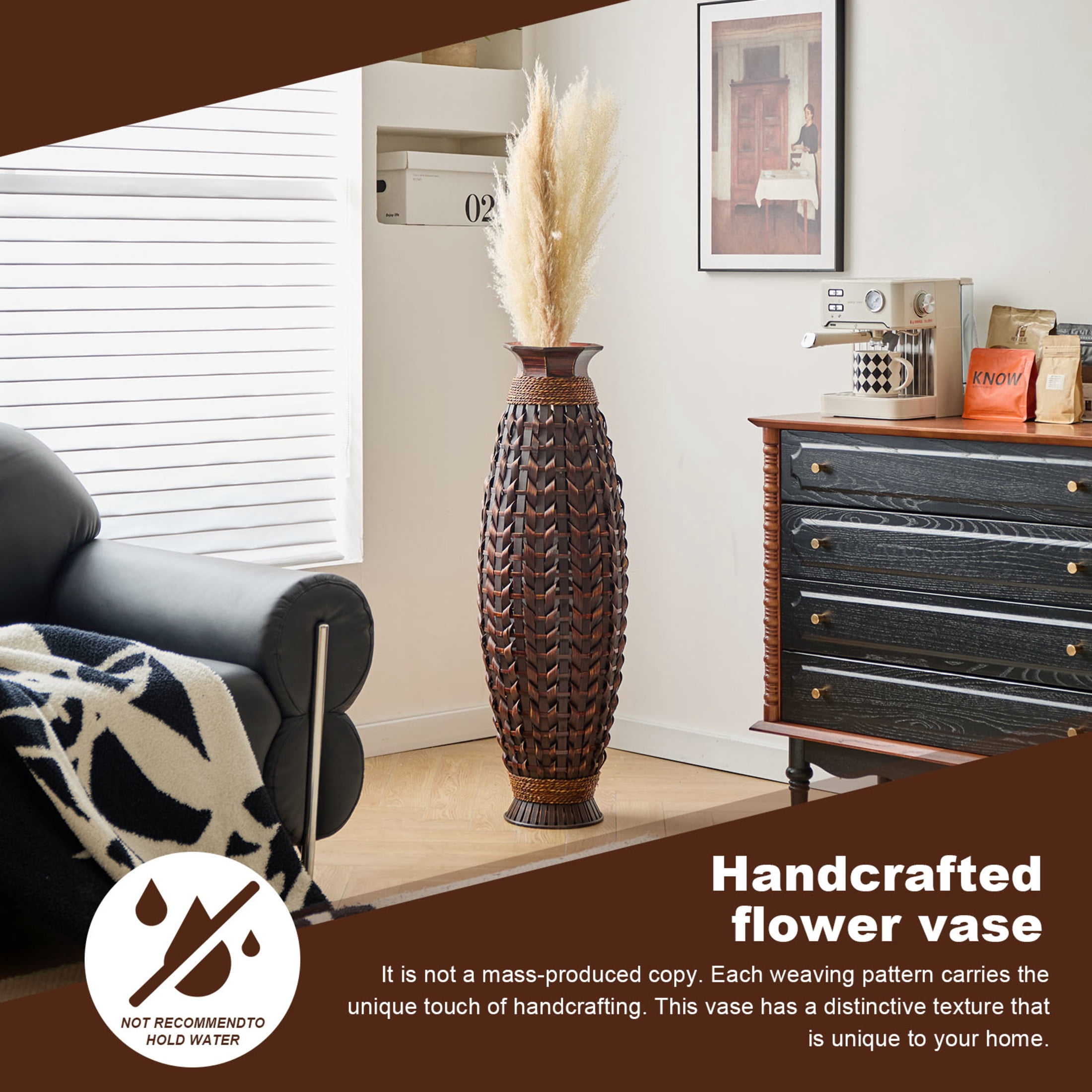 Noble House 38.97" Tall Handwoven Bamboo Floor Vase, Natural Woven Decorative Vase for Home Decor, Brown