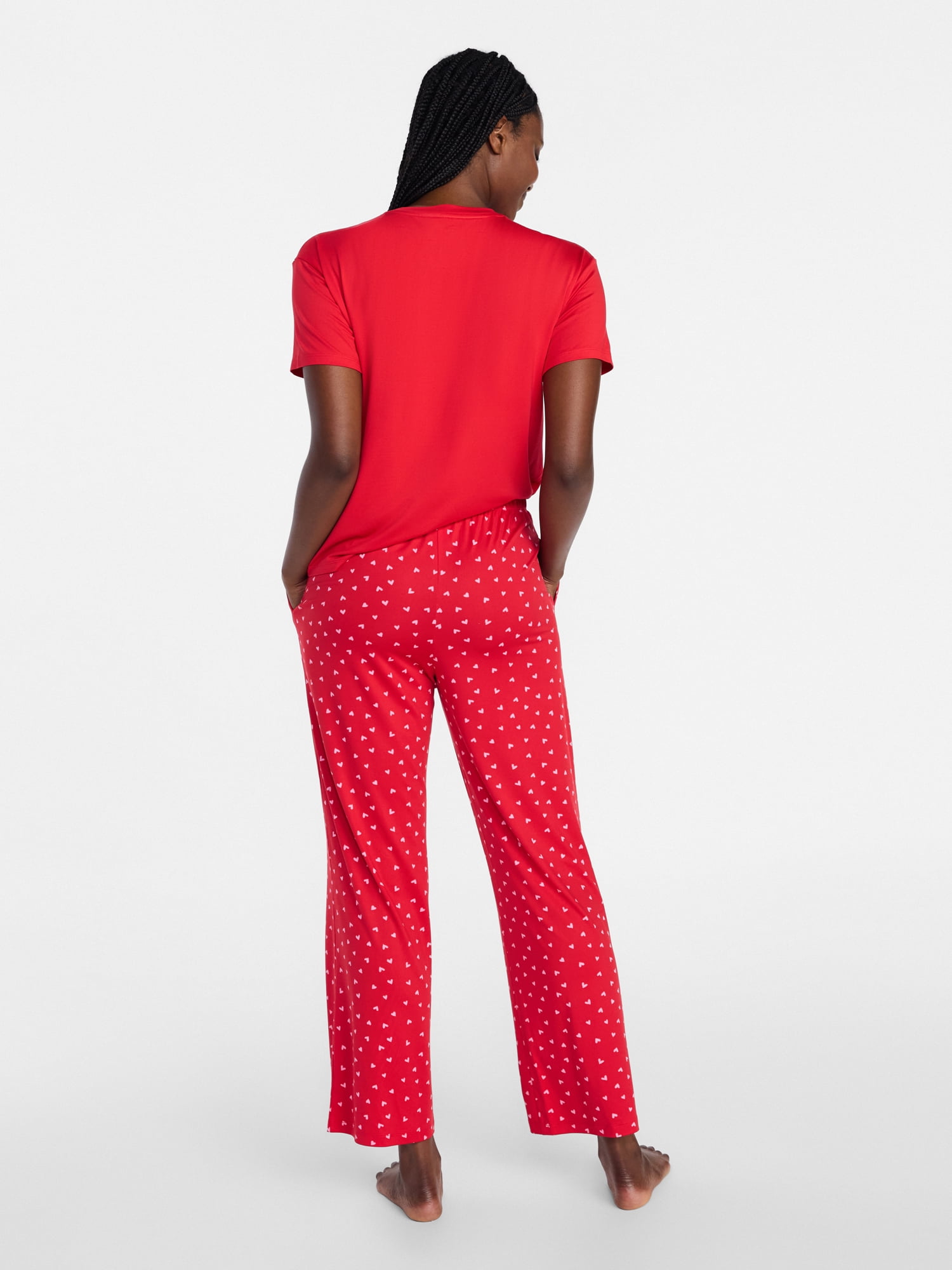 Joyspun Women's Dreamy Soft Collection Short Sleeve Sleep Top and Open Leg Pants Valentine's Day Pajama Set, 2-Piece, Sizes XS-3X
