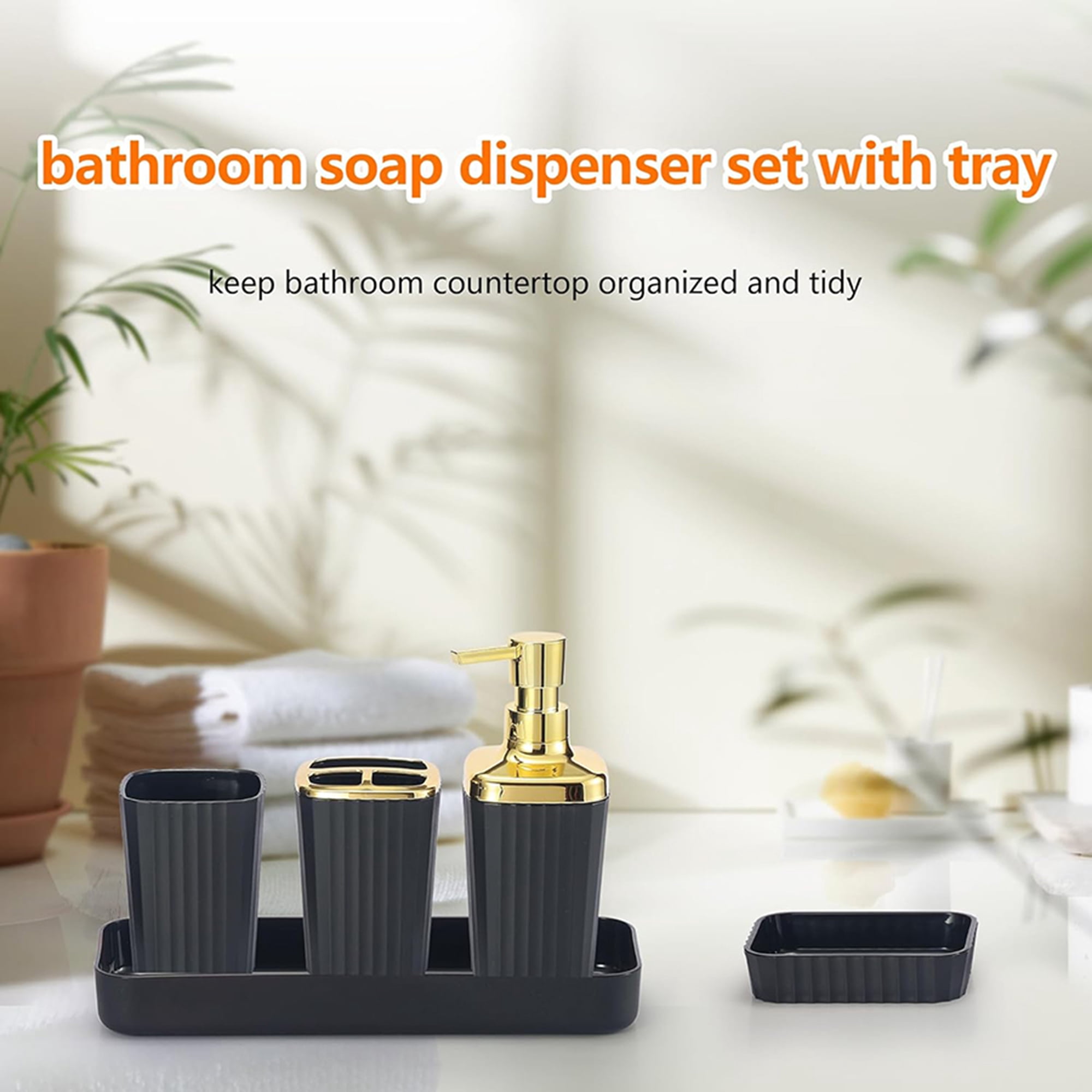 Bathroom Accessories Set,9 Piece Black Bathroom Sets Complete With Toothbrush Holder, Trash Can, Lotion Soap Dispenser, Toothbrush Cup, Vanity Tray, Soap Dish, Toilet Brush, Qtip Holder