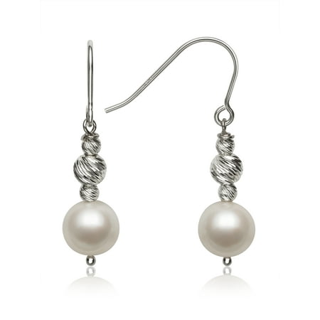 Cultured Freshwater Pearl and Sterling Silver Twist Bead Fishhook Wire Earrings