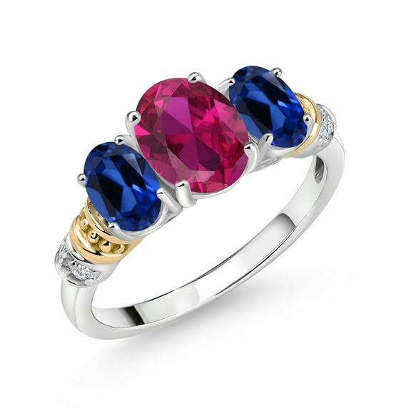Gem Stone King 925 Sterling Silver and 10K Yellow Gold Oval Red Created Ruby Blue Created Sapphire and White Diamond 3 Stone Ring for Women (2.58 Cttw, Gemstone July Birthstone, Size 6)