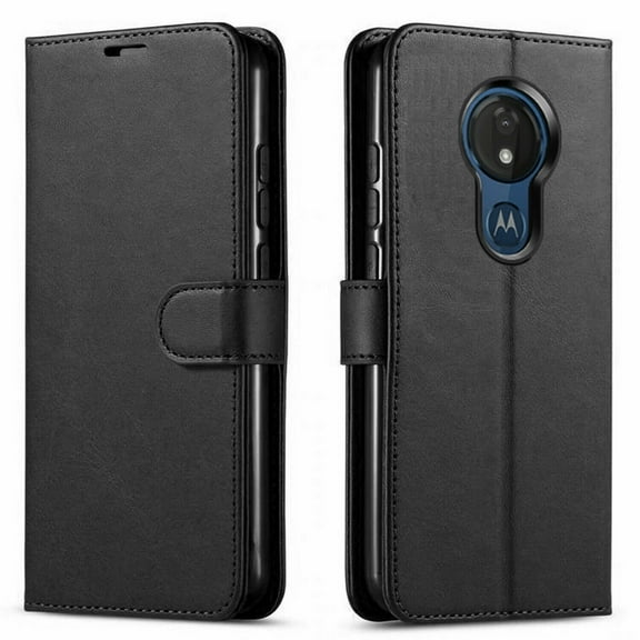 Motorola Moto G7 Power/ G7 Supra/ Optimo Maxx Case,  Included [Tempered Glass Screen Protector], Starshop Premium Leather Wallet Pocket Credit Card Slots-Black