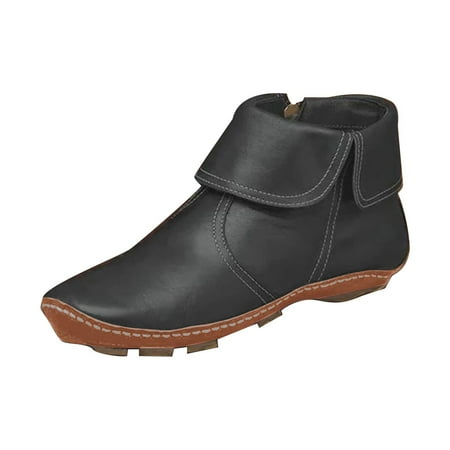 

jsaierl Flanged Flat Bottom Side Zipper Low-barrel Leather Short Boots Women